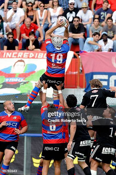 Edoardo Lubian wins a lineout during the Campionato Eccellenza Super 10 match between Femi-CZ Rovigo and Rugby Petrarca Padova at Mario Battaglini...