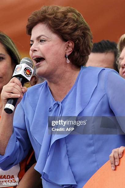 Presidential candidate for the Workers Party, Dilma Rousseff delivers a speech during the celebration of the International Labour Day in Sao Paulo,...