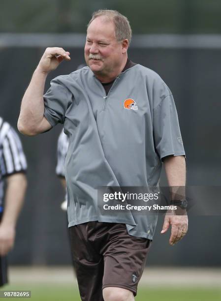 Team president Mike Holmgren of the Cleveland Browns looks on during rookie mini camp at the Cleveland Browns Training and Administrative Complex on...