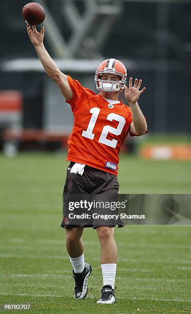 Colt McCoy of the Cleveland Browns throws a pass during rookie mini camp at the Cleveland Browns Training and Administrative Complex on May 1, 2010...