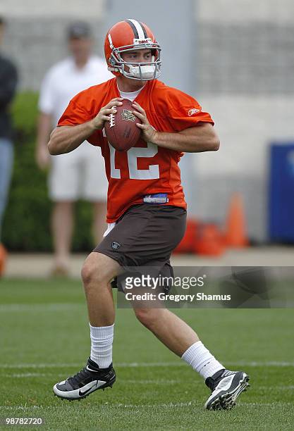 Colt McCoy of the Cleveland Browns gets ready to throw a pass during rookie mini camp at the Cleveland Browns Training and Administrative Complex on...