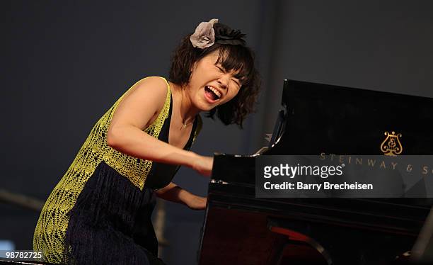 Jazz composer and pianist Hiromi Uehara of the Stanley Clarke Band performs during day 5 of the 41st Annual New Orleans Jazz & Heritage Festival at...