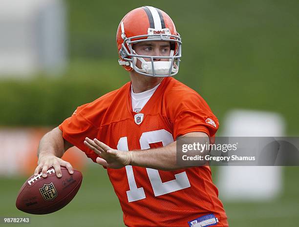 Colt McCoy of the Cleveland Browns gets ready to throw a pass during rookie mini camp at the Cleveland Browns Training and Administrative Complex on...