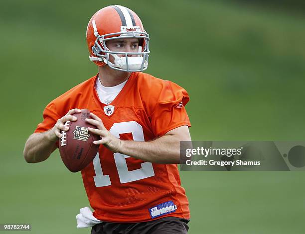 Colt McCoy of the Cleveland Browns gets ready to throw a pass during rookie mini camp at the Cleveland Browns Training and Administrative Complex on...