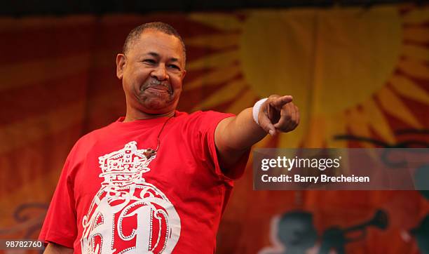 Musician Ralph Johnson of Earth, Wind and Fire performs during day 5 of the 41st Annual New Orleans Jazz & Heritage Festival at the Fair Grounds Race...