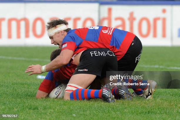 Jacobus Abraham Immelman celebrates his teammate Shalk Morris Van Der Merwe after a try during the Campionato Eccellenza Super 10 match between...