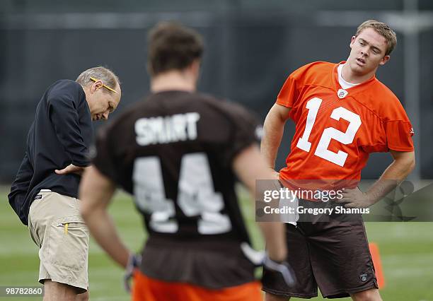 Colt McCoy of the Cleveland Browns stretches during rookie mini camp at the Cleveland Browns Training and Administrative Complex on May 1, 2010 in...
