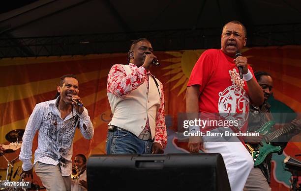 Singer Philip Bailey and musician Ralph Johnson of Earth, Wind and Fire perform during day 5 of the 41st Annual New Orleans Jazz & Heritage Festival...