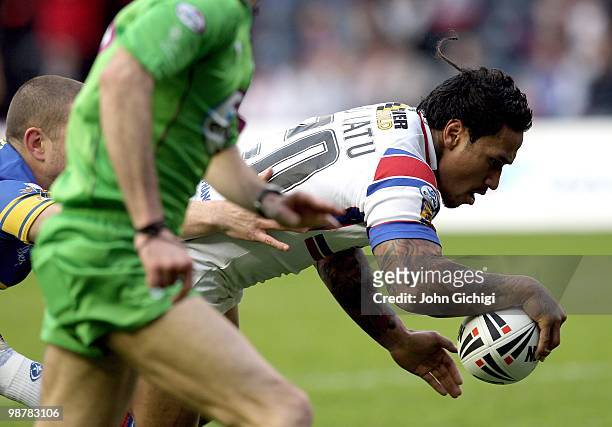 Tevita Leo-Latu of Wakefield breaks away to score a try during the Engage Super League Magic Weekend game between Leeds Rhinos and Wakefield Wildcats...