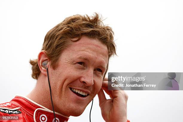 Scott Dixon drives prepares to climb aboard his Target Ganassi Racing Honda Dallara during the Indy Car Series Road Runner Turbo Indy 300 on May 1,...