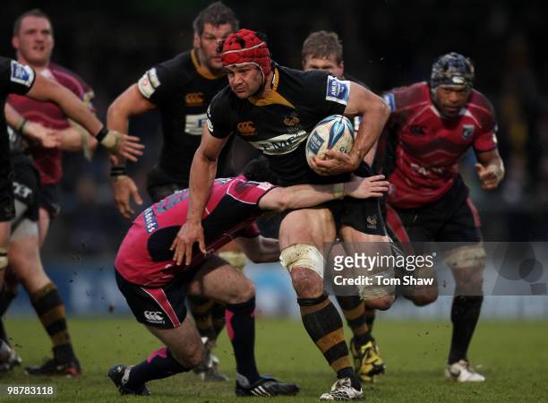 Dan Ward-Smith of Wasps runs into the Cardiff defence during the Amlin Challenge Cup Semi Final match between London Wasps and Cardiff Blues at Adams...