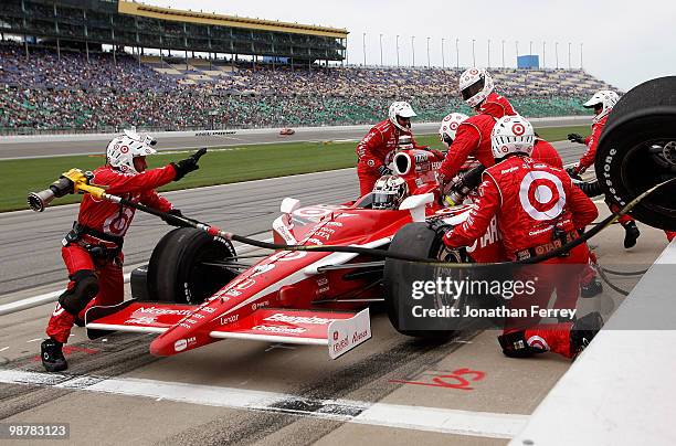 Scott Dixon pits his Target Ganassi Racing Honda Dallara during the Indy Car Series Road Runner Turbo Indy 300 on May 1, 2010 at Kansas Speedway in...