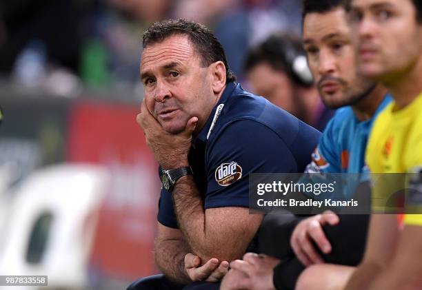 Coach Ricky Stuart of the Raiders looks dejected during the round 16 NRL match between the Brisbane Broncos and the Canberra Raiders at Suncorp...