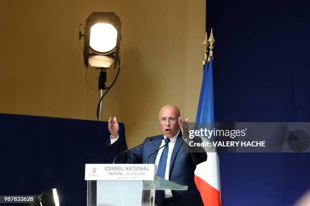 President of the Alpes-Maritimes departmental council Eric Ciotti speaks during the national council of Republicains in "Palais de l'Europe" in...
