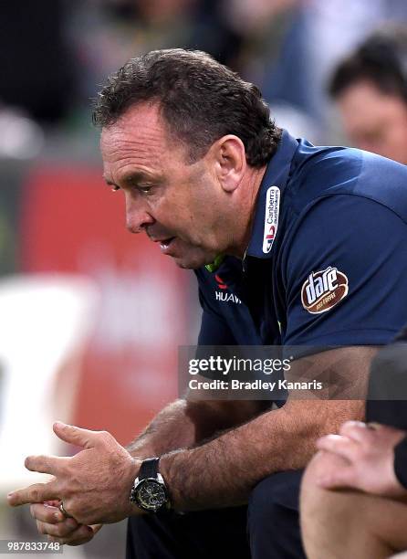 Coach Ricky Stuart of the Raiders looks dejected during the round 16 NRL match between the Brisbane Broncos and the Canberra Raiders at Suncorp...