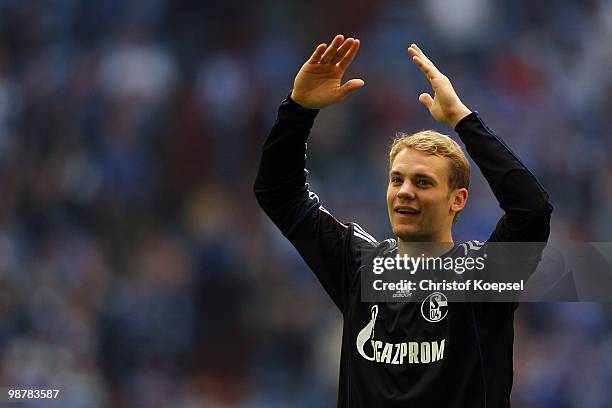 Manuel Neuer of Schalke celebrates the qualification of the Champions League after the Bundesliga match between FC Schalke 04 and SV Werder Bremen at...