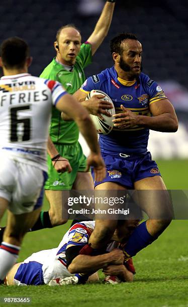 Jamie Jones Buchanan of Leeds is tackled during the Engage Super League Magic Weekend game between Leeds Rhinos v Wakefield Trinity at Murrayfield on...