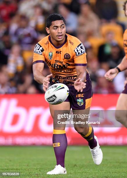 Anthony Milford of the Broncos passes the ball during the round 16 NRL match between the Brisbane Broncos and the Canberra Raiders at Suncorp Stadium...