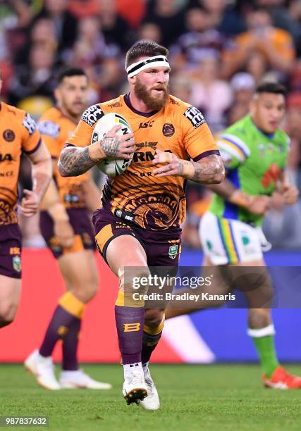 Joshua McGuire of the Broncos runs with the ball during the round 16 NRL match between the Brisbane Broncos and the Canberra Raiders at Suncorp...