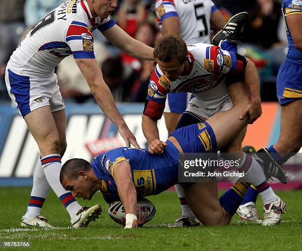 Brent Webb of Leeds Rhinos is tackled during the Engage Super League Magic Weekend game between Leeds Rhinos and Wakefield Wildcats at Murrayfield on...