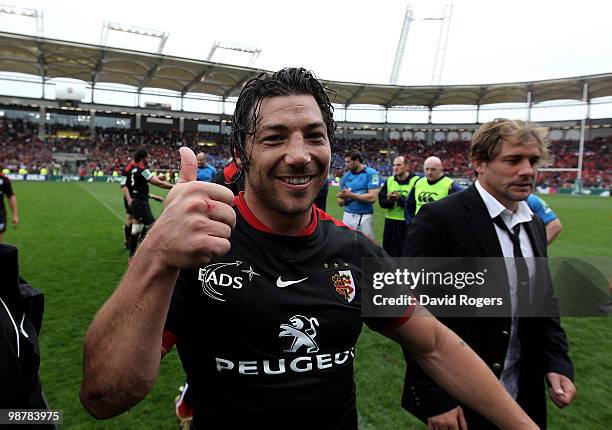 Byron Kelleher of Toulouse celebrates after their victory during the Heineken Cup semi final match between Toulouse and Leinster at Stade Municipal...