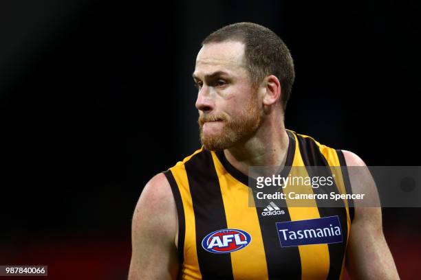 Jarryd Roughead of the Hawks looks dejected after losing the round 15 AFL match between the Greater Western Sydney Giants and the Hawthorn Hawks at...