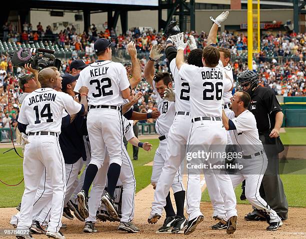 Johnny Damon of the Detroit Tigers hits a ninth inning walk off home run to give the Tigers a 3-2 win over the Los Angeles Angels of Anaheim during...