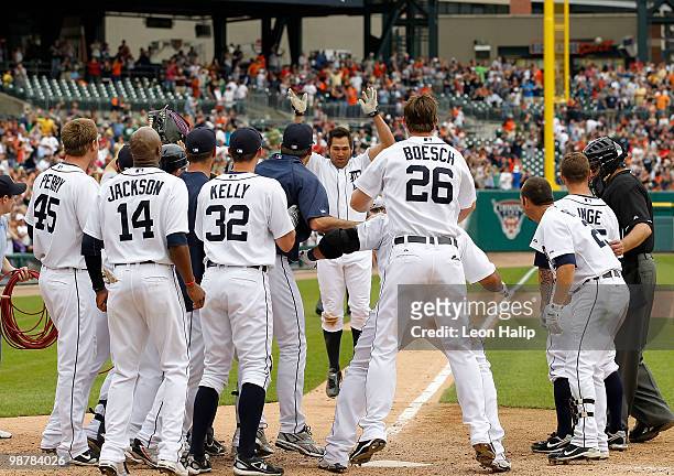 Johnny Damon of the Detroit Tigers hits a ninth inning walk off home run to give the Tigers a 3-2 win over the Los Angeles Angels of Anaheim during...