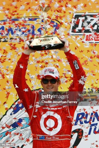 Scott Dixon driver of the Target Ganassi Racing Honda Dallara celebrates winning the Indy Car Series Road Runner Turbo Indy 300 on May 1, 2010 at...