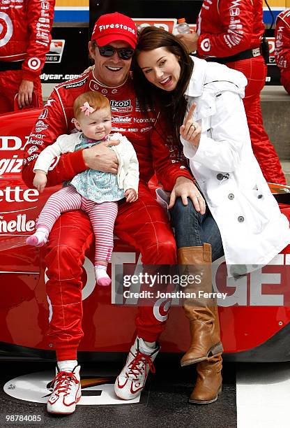 Scott Dixon driver his Target Ganassi Racing Honda Dallara celebrates with is wife Emma and daughter Poppy after winning the Indy Car Series Road...