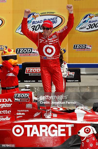 Scott Dixon driver his Target Ganassi Racing Honda Dallara celebrates winning the Indy Car Series Road Runner Turbo Indy 300 on May 1, 2010 at Kansas...
