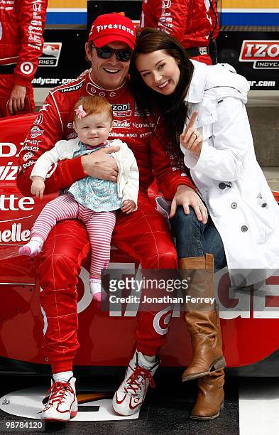 Scott Dixon driver his Target Ganassi Racing Honda Dallara celebrates with is wife Emma and daughter Poppy after winning the Indy Car Series Road...