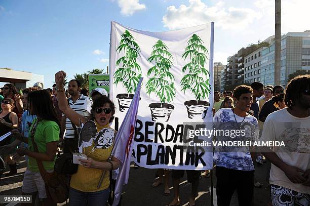 Locals shout slogans during a march demandig the legalization of marijuana, along Ipanema Beach in Rio de Janeiro, Brazil, on May 1, 2010. AFP...