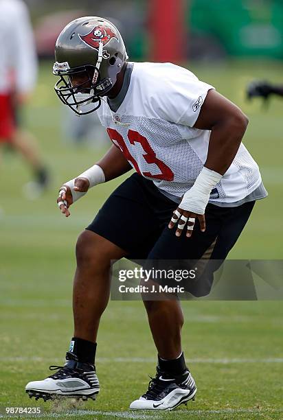 Defensive tackle Gerald McCoy of the Tampa Bay Buccaneers jogs during the Buccaneers Rookie mini camp at One Buccaneer Place on May 1, 2010 in Tampa,...