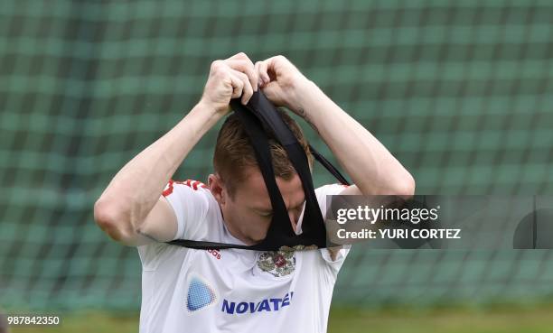 Russia's defender Andrei Semyonov attends a training session in Novogorsk, outside Moscow, on June 30 during the Russia 2018 World Cup.