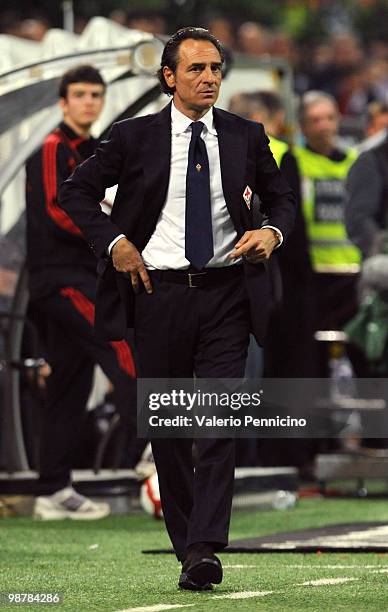 Fiorentina head coach Cesare Prandelli watches the action during the Serie A match between AC Milan and ACF Fiorentina at Stadio Giuseppe Meazza on...