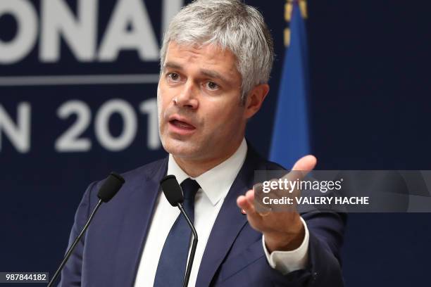 President of Les Republicains right-wing party Laurent Wauquiez speaks during the national council of Republicains in "Palais de l'Europe" in Menton,...