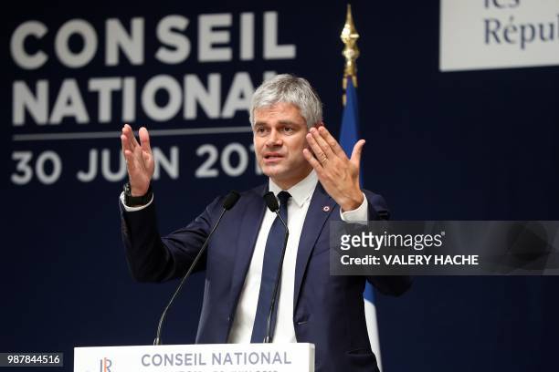 President of Les Republicains right-wing party Laurent Wauquiez speaks during the national council of Republicains in "Palais de l'Europe" in Menton,...