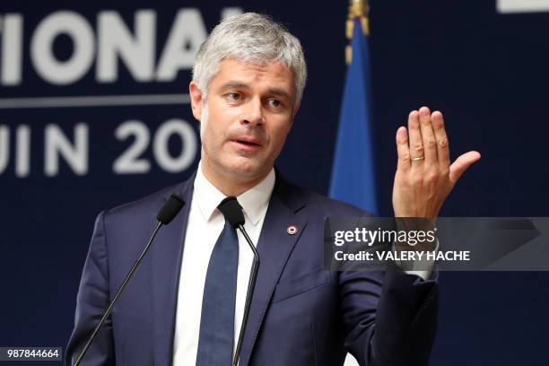 President of Les Republicains right-wing party Laurent Wauquiez speaks during the national council of Republicains in "Palais de l'Europe" in Menton,...