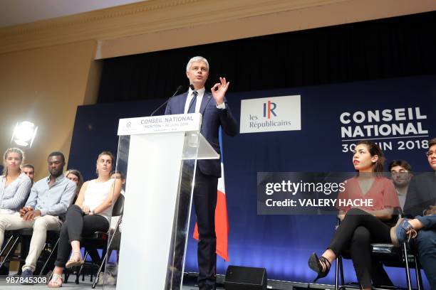 President of Les Republicains right-wing party Laurent Wauquiez speaks during the national council of Republicains in "Palais de l'Europe" in Menton,...