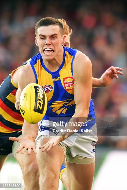 Jake Waterman of the Eagles marks the ball during the round 15 AFL match between the Adelaide Crows and the West Coast Eagles at Adelaide Oval on...