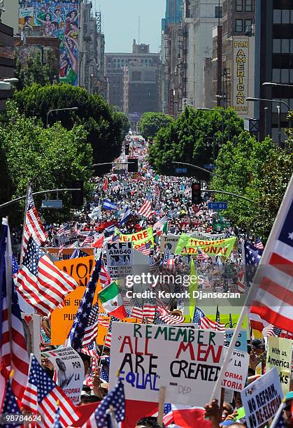 Thousands of demonstrators march during a May Day immigration rally on May 1, 2010 in Los Angeles, California. More than 100,000 people were expected...