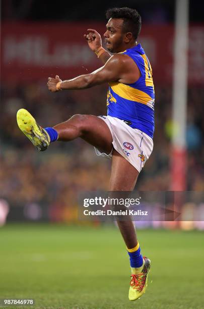 William Rioli of the Eagles kicks the ball during the round 15 AFL match between the Adelaide Crows and the West Coast Eagles at Adelaide Oval on...