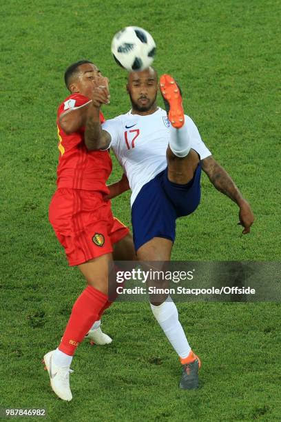 Fabian Delph of England clears from Yannick Ferreira Carrasco of Belgium during the 2018 FIFA World Cup Russia Group G match between England and...