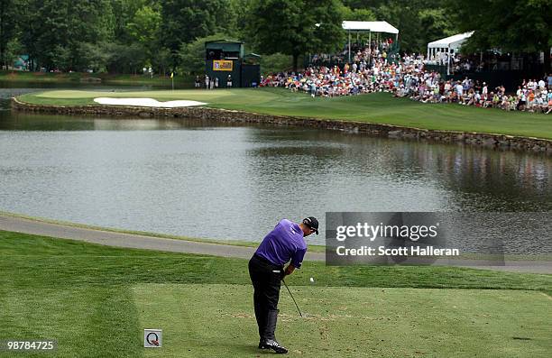 Jim Furyk tees off at the 17th hole during the third round of the 2010 Quail Hollow Championship at the Quail Hollow Club on May 1, 2010 in...