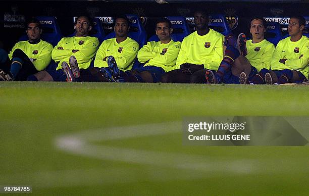 Barcelona's Swedish forward Zlatan Ibrahimovic sits on the bench with teammate during a Spanish League football match against Villarreal on May 01,...