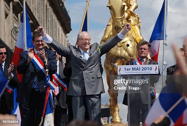 Jean Marie Le Pen hosts the French Far Right Party 'Front National' May Day demonstration in Paris on May 1, 2010 in Paris, France. Marine Le Pen the...