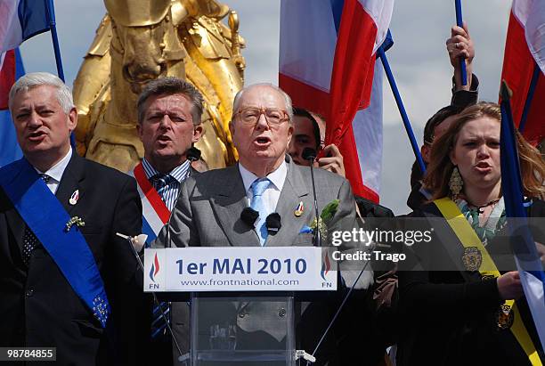 Jean Marie Le Pen hosts the French Far Right Party 'Front National' May Day demonstration in Paris on May 1, 2010 in Paris, France. Marine Le Pen the...