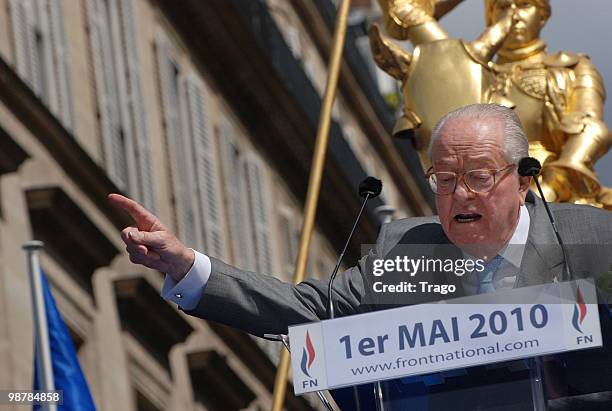 Jean Marie Le Pen hosts the French Far Right Party 'Front National' May Day demonstration in Paris on May 1, 2010 in Paris, France. Marine Le Pen the...