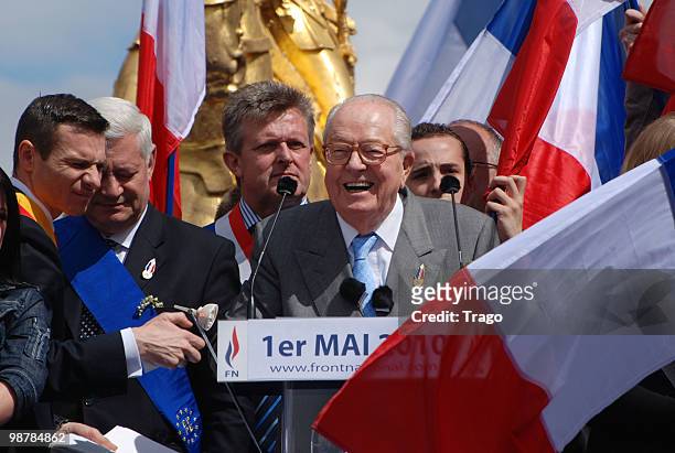 Jean Marie Le Pen hosts the French Far Right Party 'Front National' May Day demonstration in Paris on May 1, 2010 in Paris, France. Marine Le Pen the...